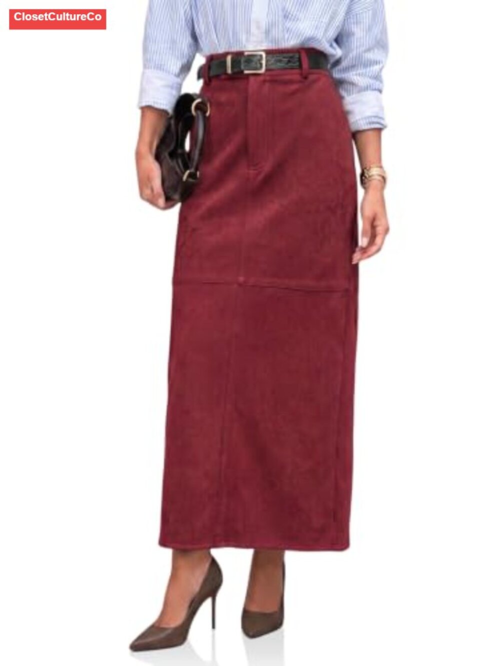 Faux Suede High Waisted Maxi Pencil Skirt with Back Slit Business Casual